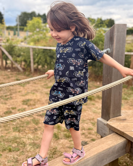 Navy Blue Kids Pure Cotton Half Sleeves Bicycle Printed T-shirt & Shorts Set