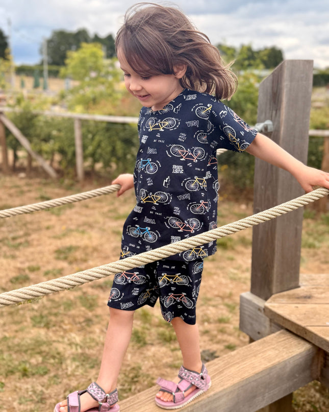 Navy Blue Kids Pure Cotton Half Sleeves Bicycle Printed T-shirt & Shorts Set