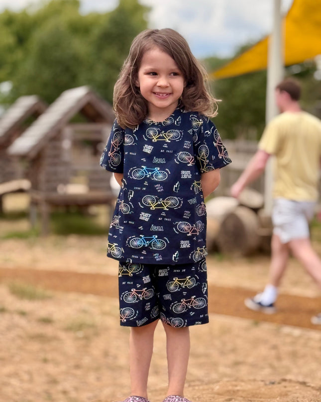 Navy Blue Kids Pure Cotton Half Sleeves Bicycle Printed T-shirt & Shorts Set
