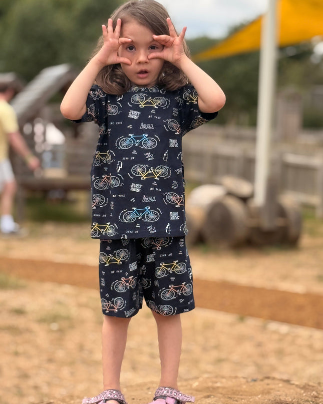 Navy Blue Kids Pure Cotton Half Sleeves Bicycle Printed T-shirt & Shorts Set