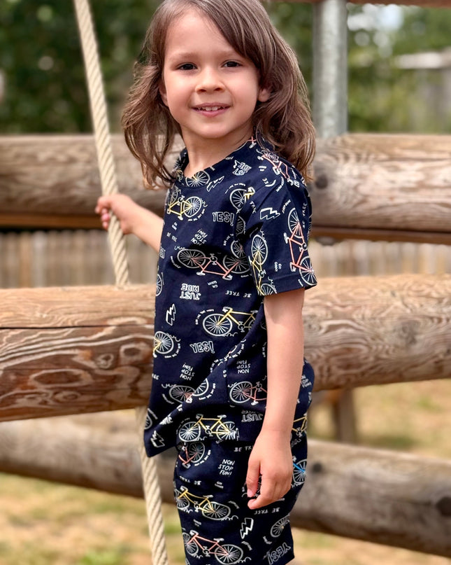 Navy Blue Kids Pure Cotton Half Sleeves Bicycle Printed T-shirt & Shorts Set
