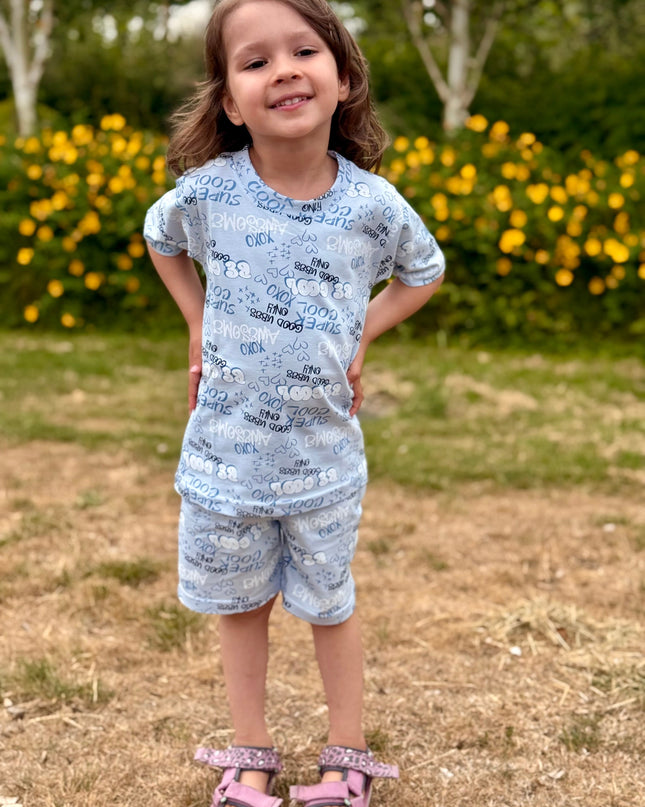 Blue Unisex Typographic Printed Cotton Co-ord Set for Kids
