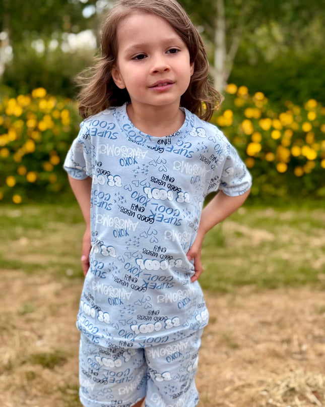 Blue Unisex Typographic Printed Cotton Co-ord Set for Kids