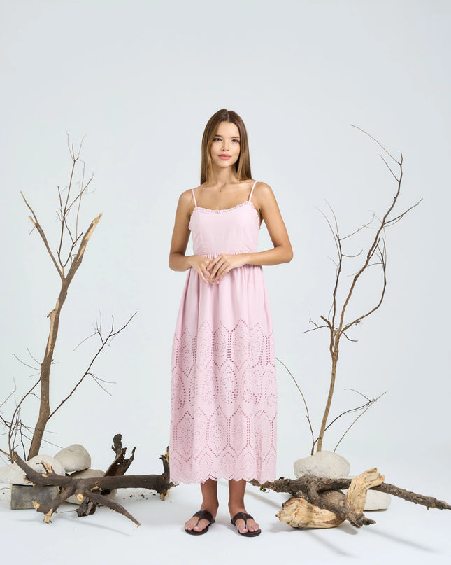 Pink Schiffly Midi Dress with Ruffled Neckline