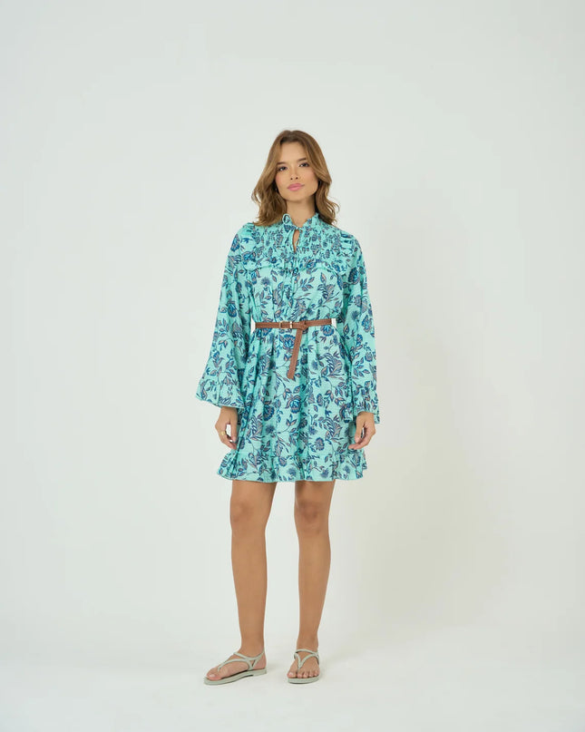 Smocked Yoke Mini Dress with Frill Sleeves in Summer Blue
