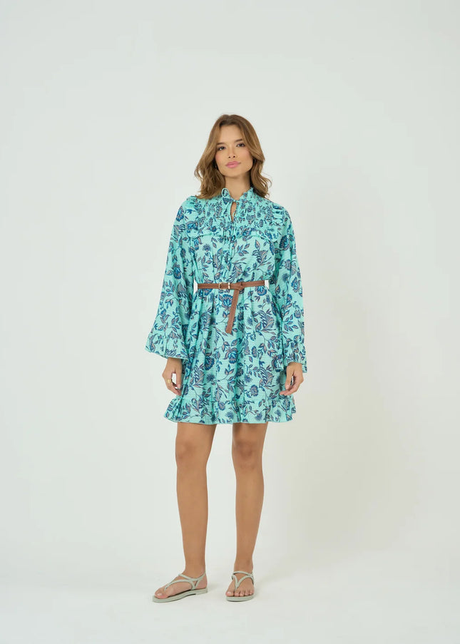 Smocked Yoke Mini Dress with Frill Sleeves in Summer Blue