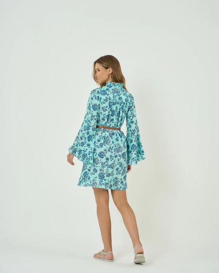Smocked Yoke Mini Dress with Frill Sleeves in Summer Blue