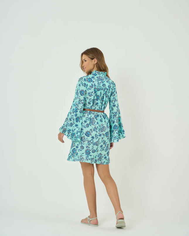 Smocked Yoke Mini Dress with Frill Sleeves in Summer Blue