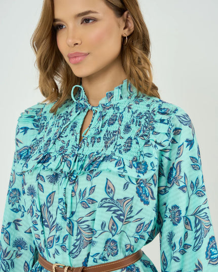 Smocked Yoke Mini Dress with Frill Sleeves in Summer Blue