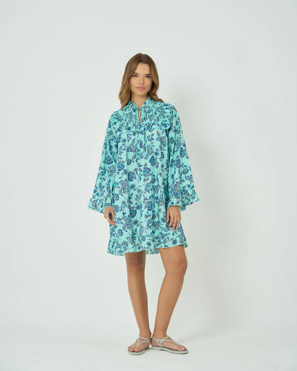 Smocked Yoke Mini Dress with Frill Sleeves in Summer Blue
