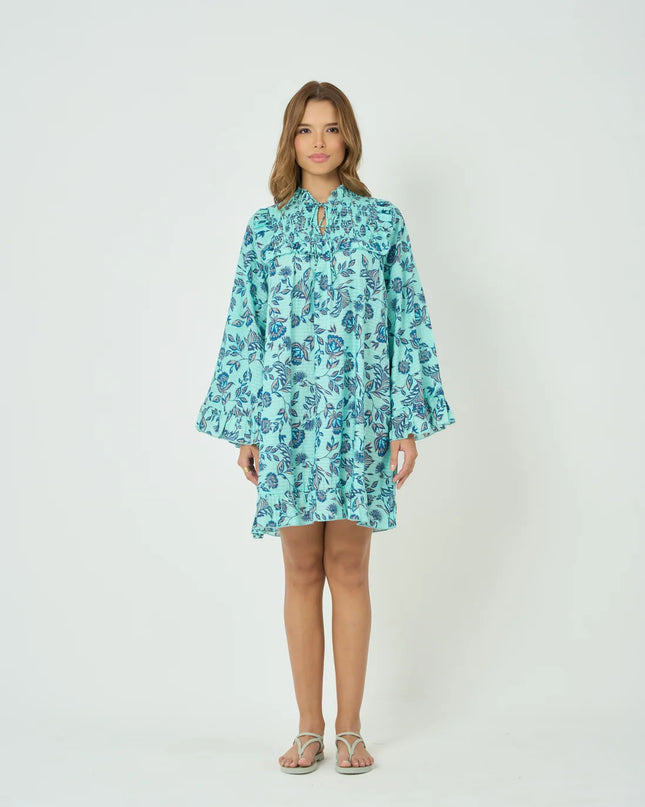 Smocked Yoke Mini Dress with Frill Sleeves in Summer Blue