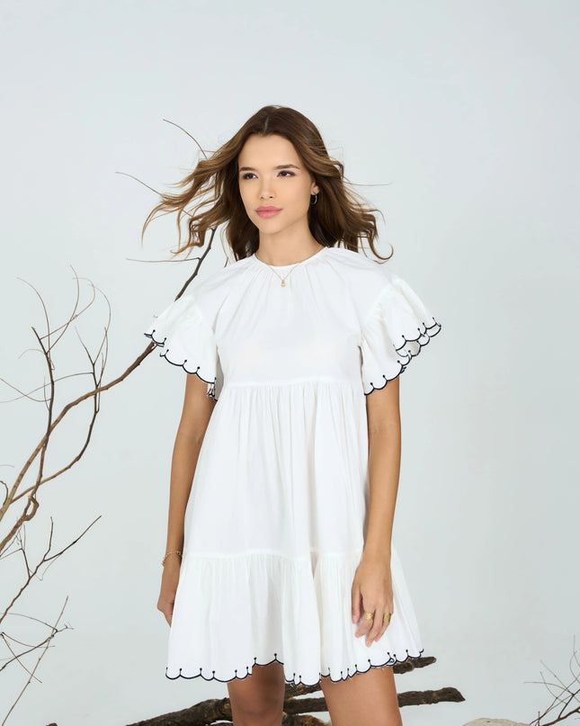 Scallop Trimmed White Poplin Mini Dress