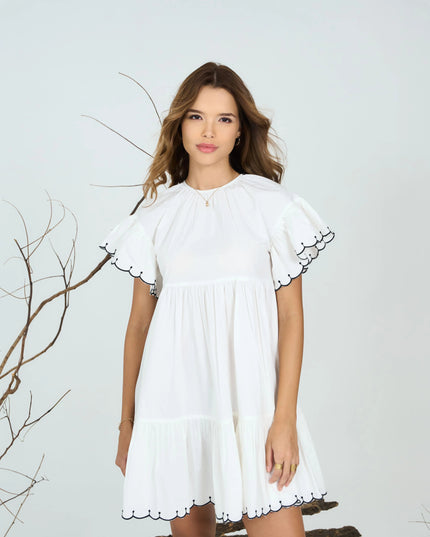 Scallop Trimmed White Poplin Mini Dress