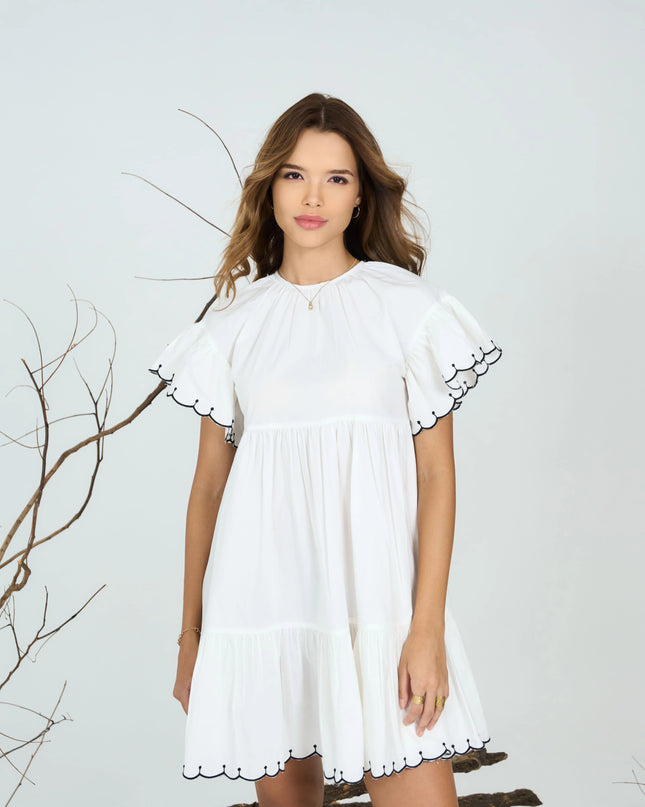 Scallop Trimmed White Poplin Mini Dress
