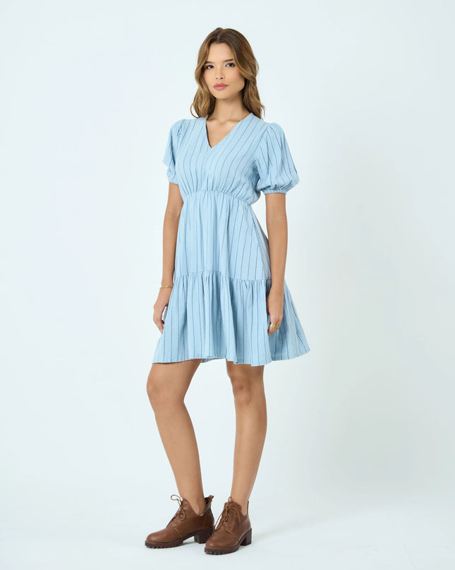 Rayon Tiered Mini Dress with Puff Sleeves in Sky Blue