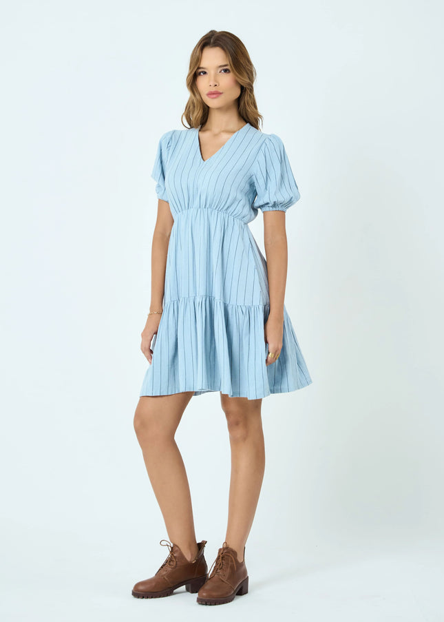 Rayon Tiered Mini Dress with Puff Sleeves in Sky Blue