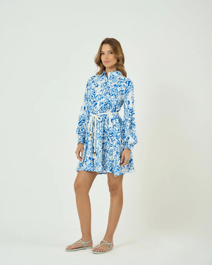 Flared Full Sleeve Rayon Mini Dress with Rope Belt
