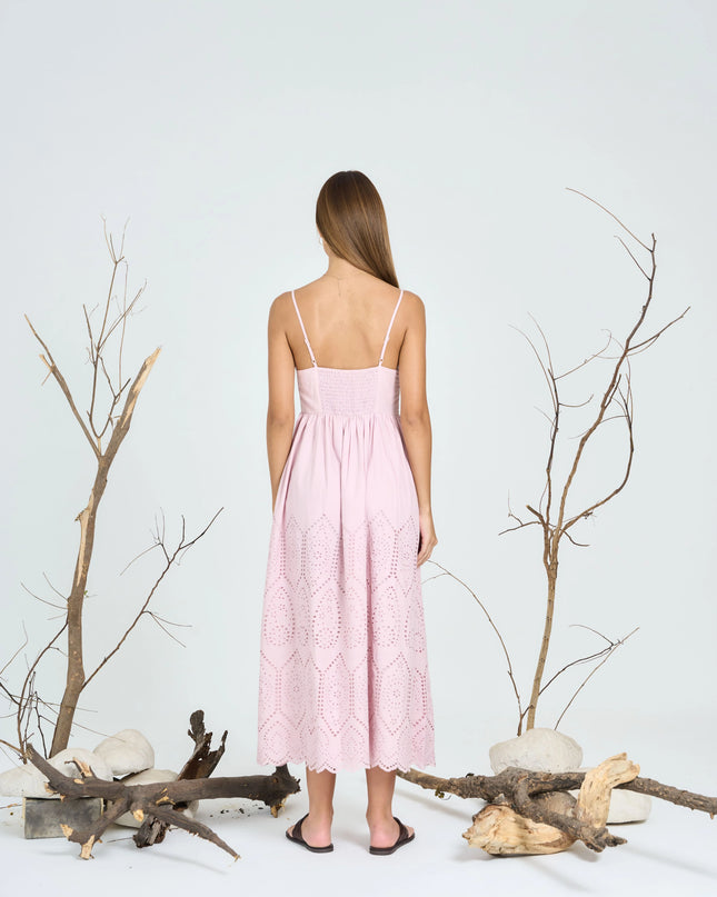 Pink Schiffly Midi Dress with Ruffled Neckline