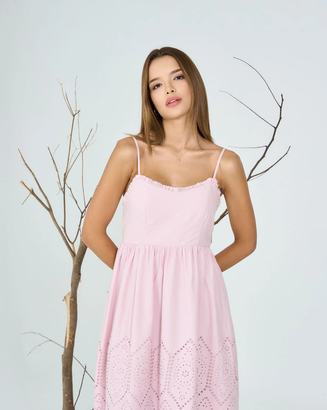 Pink Schiffly Midi Dress with Ruffled Neckline
