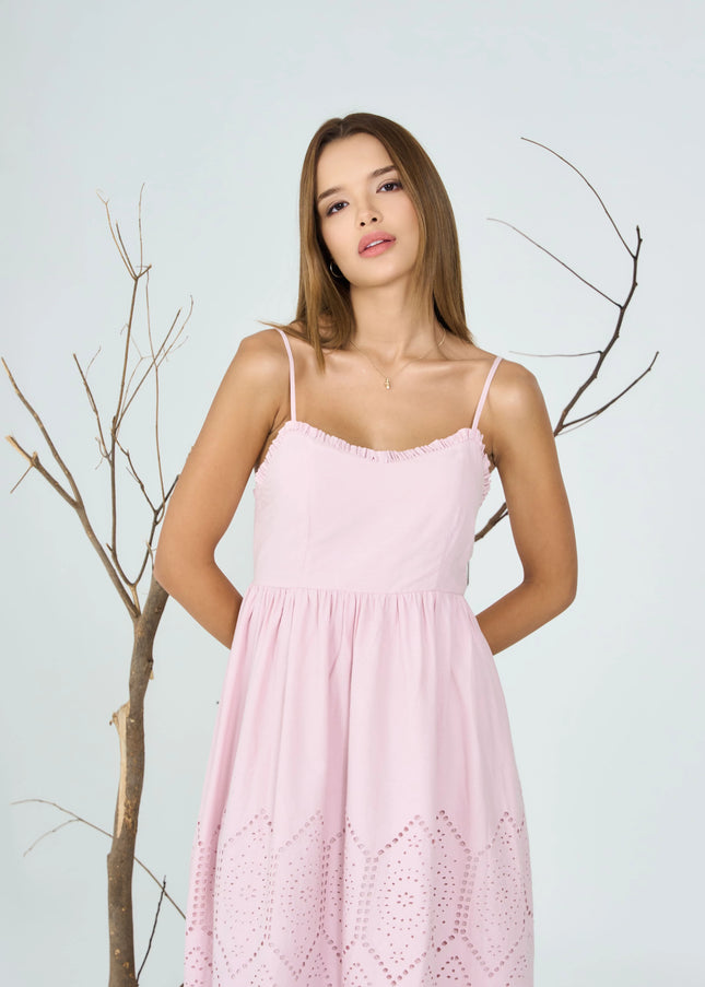 Pink Schiffly Midi Dress with Ruffled Neckline