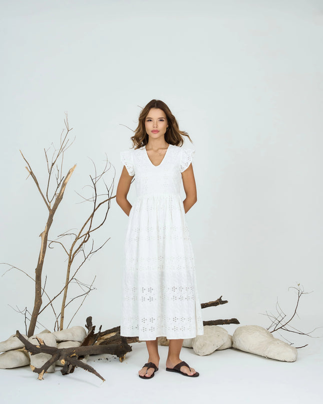 White Schiffly Embroidered Midi Dress with Frilled Sleeves
