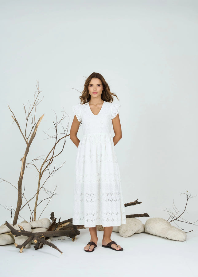 White Schiffly Embroidered Midi Dress with Frilled Sleeves