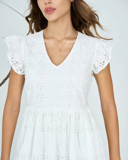White Schiffly Embroidered Midi Dress with Frilled Sleeves