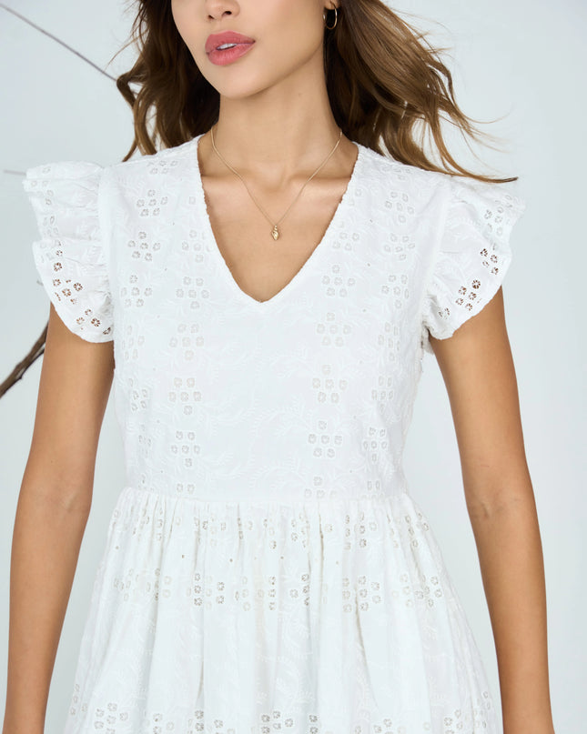 White Schiffly Embroidered Midi Dress with Frilled Sleeves