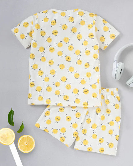 White Lemon Printed Cotton Co-ord Set for Girls