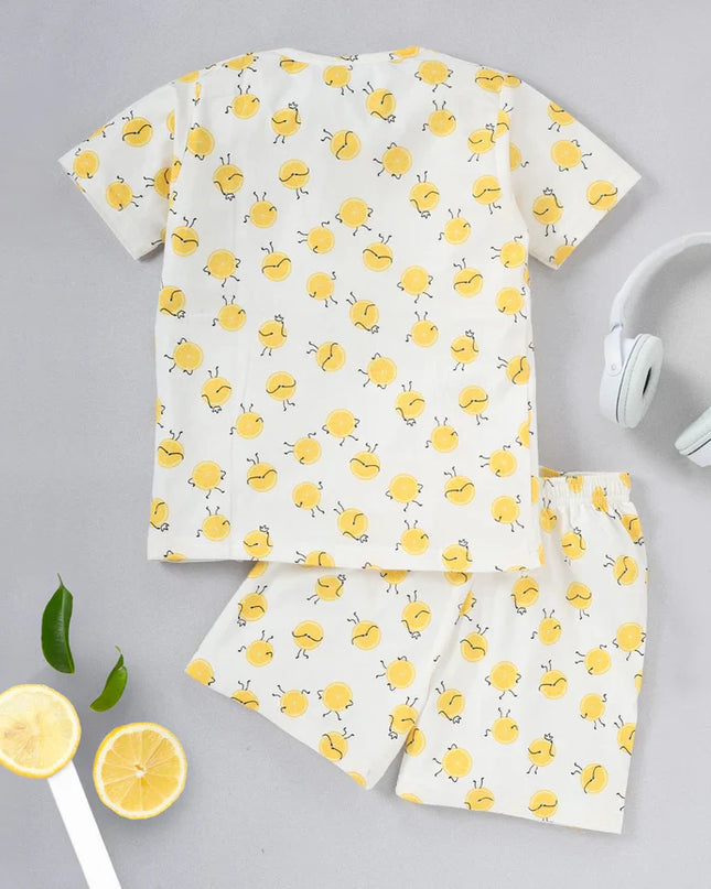 White Lemon Printed Cotton Co-ord Set for Girls