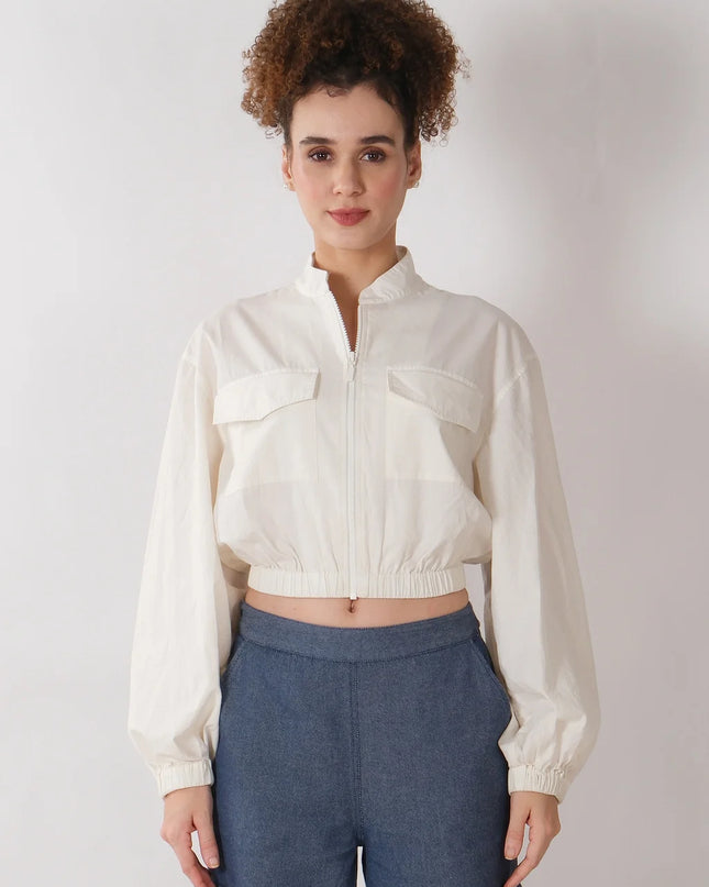 Cropped Utility Bomber Jacket with Pocket Detailing