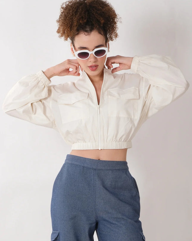 Cropped Utility Bomber Jacket with Pocket Detailing